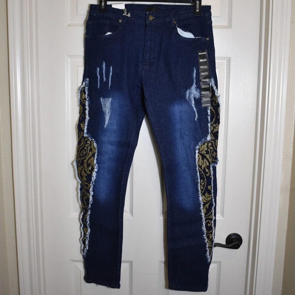 Reason Denim Distressed Ripped Stretch Skinny Jeans Size 38x32 Blue Dark Wash